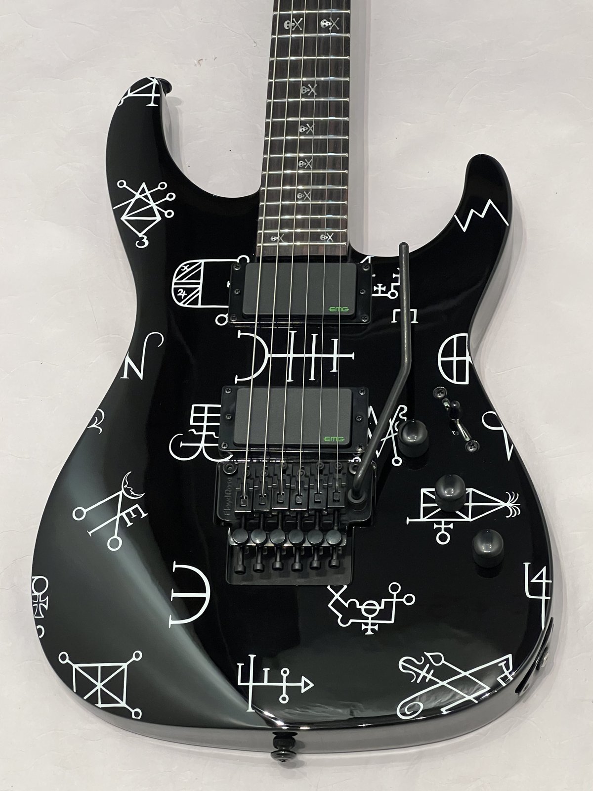 ESP LTD Kirk Hammett Demonology with sigil graphics and a Floyd Rose
