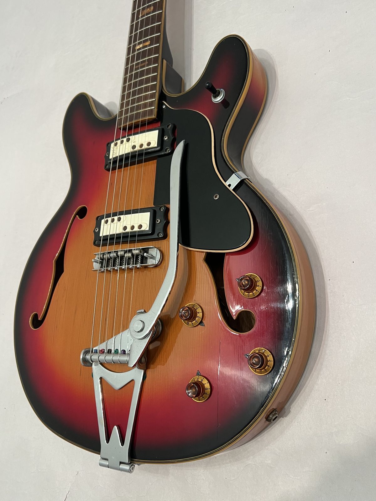1960s Kimberly VIP6 sunburst hollowbody electric with a Bigsby-style tailpiece